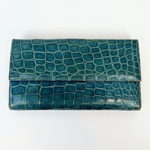 Lambertson Truex Crocodile Leather Exotic Turquoise Blue Foldover Wallet Design - Picture 5 of 16